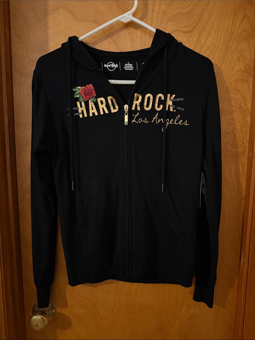 Hard Rock Cafe Black Zip-Up Hoodie with Rose and Gold Logo